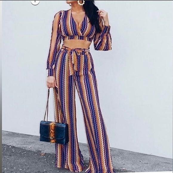 🪞 deep v neck cropped top and tie waist wide leg palazo pants matching set - Picture 5 of 11